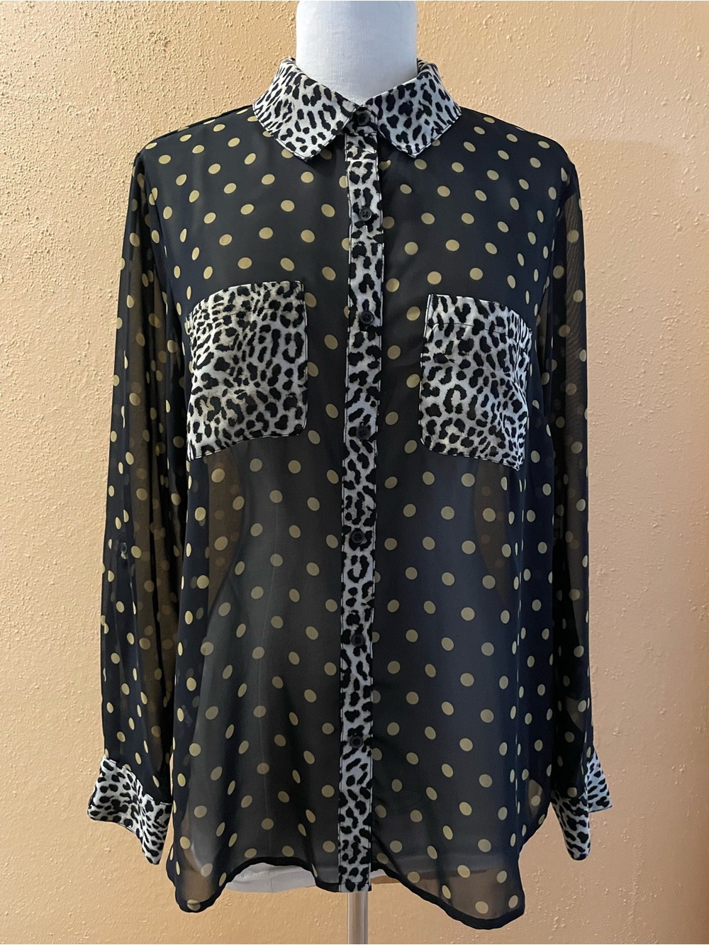 Sheer Black Polka Dot Blouse with Leopard Trim